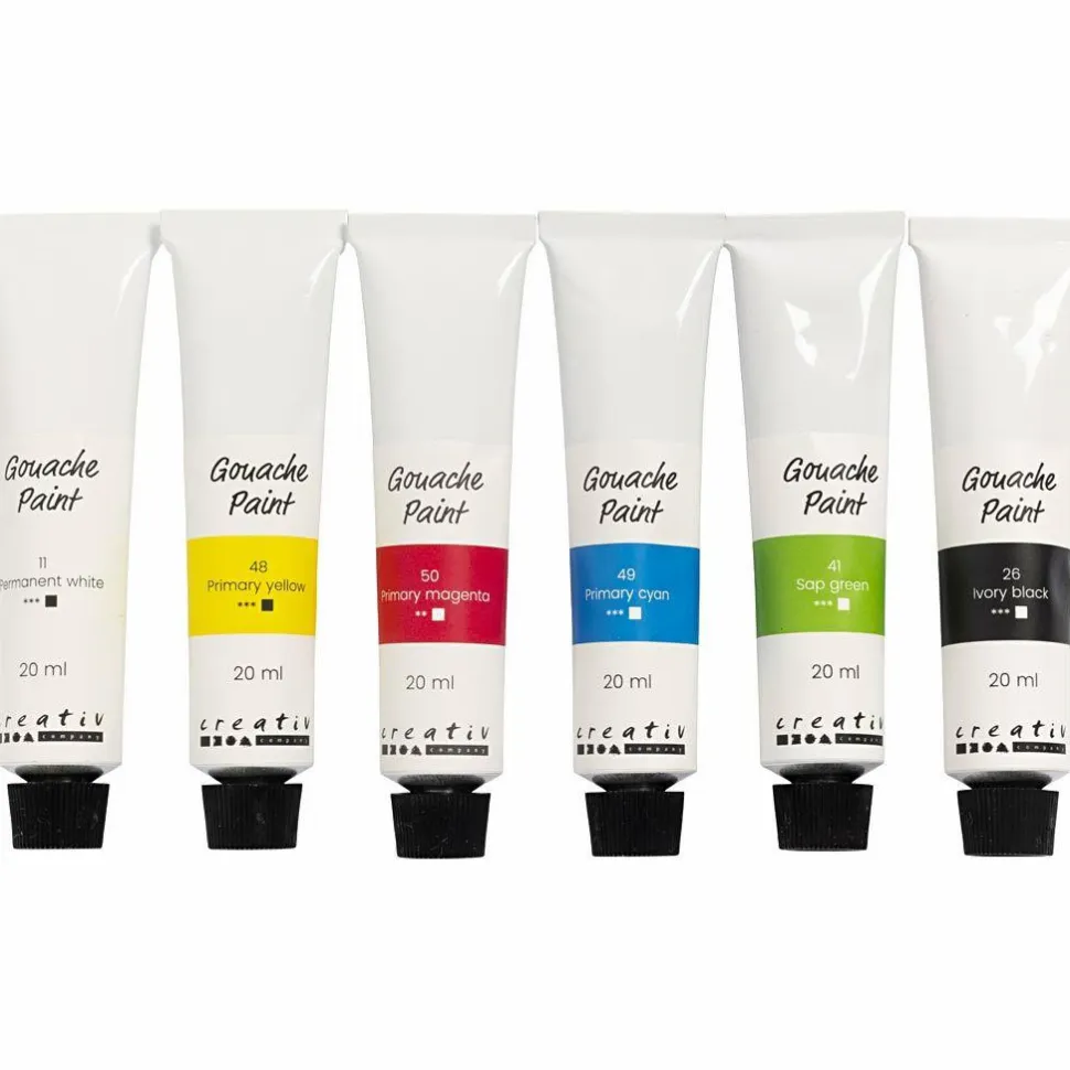 Gouache maling 20 ml. - Basisfarver, 6 stk
